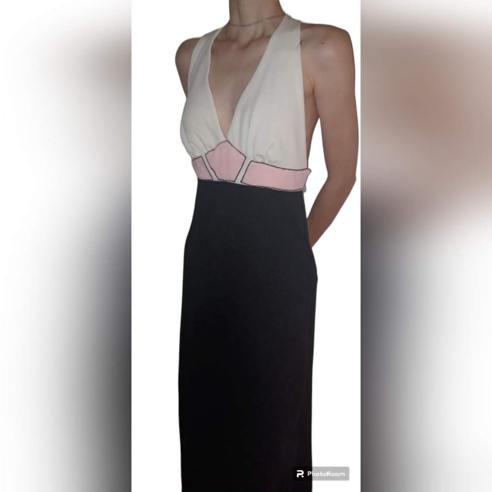 Vintage Halter Top Maxi Dress Pink White Black Original 1970s Plunging Neckline